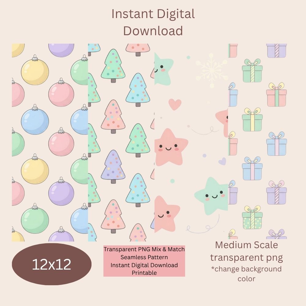 Pastel Christmas Seamless Digital Pattern Paper Bundle