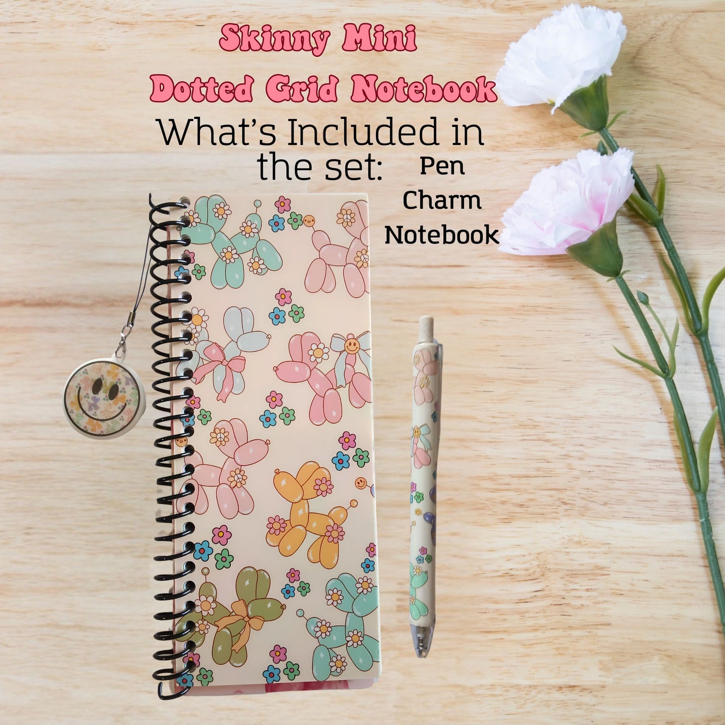 Preppy Balloon Dog Skinny Mini Dot Grid Spiral Notebook Gift Set