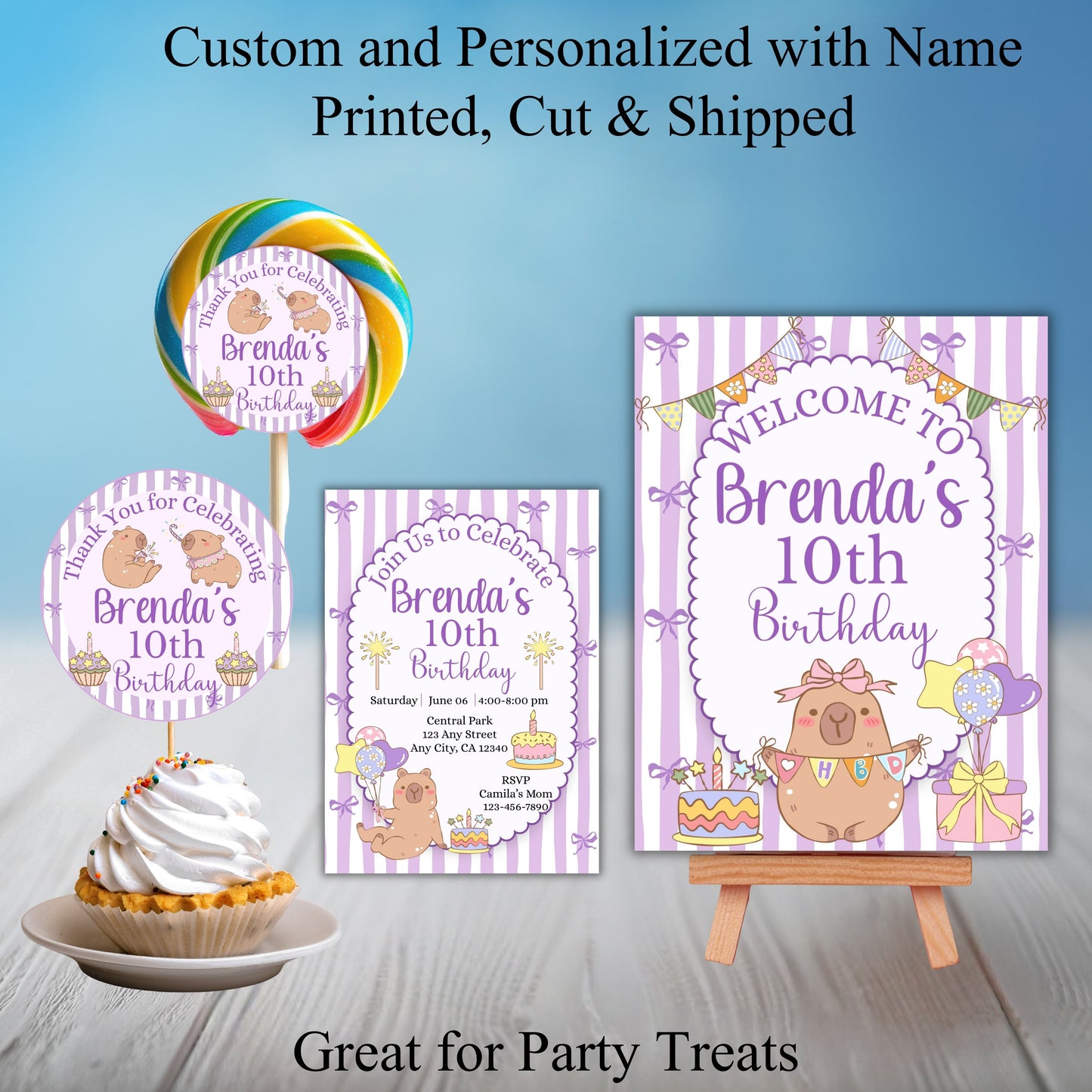 Purple Capybara Birthday Party Sticker Labels