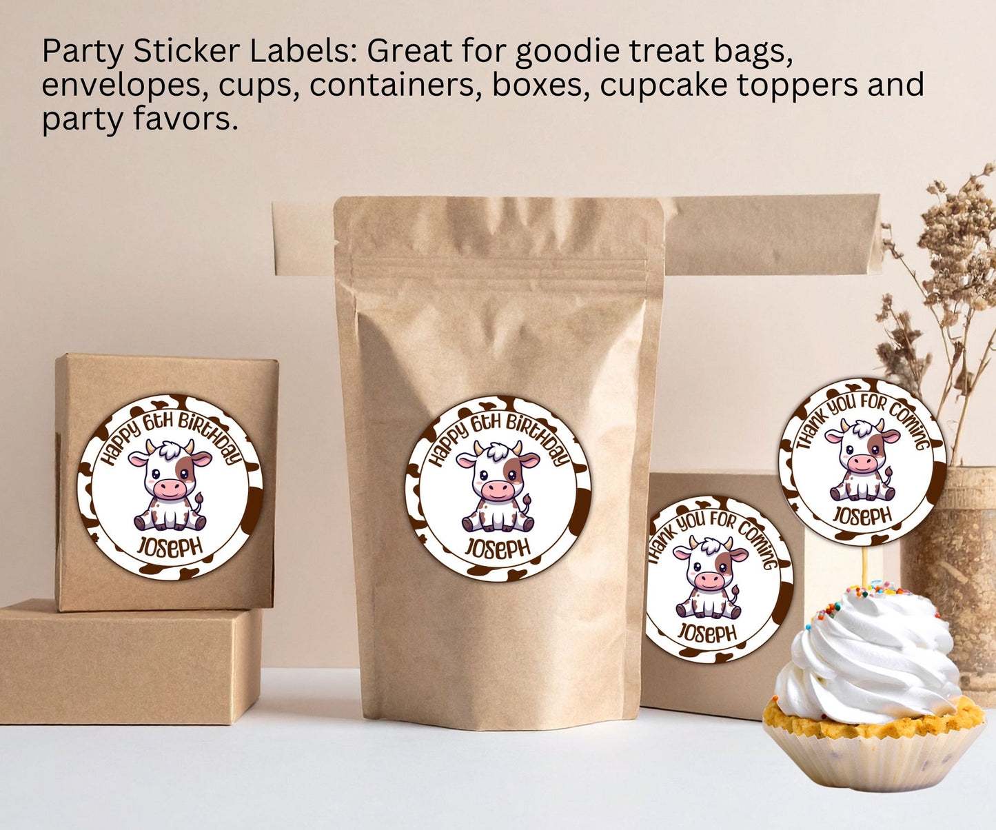 Boys Baby Cow Party Sticker Labels