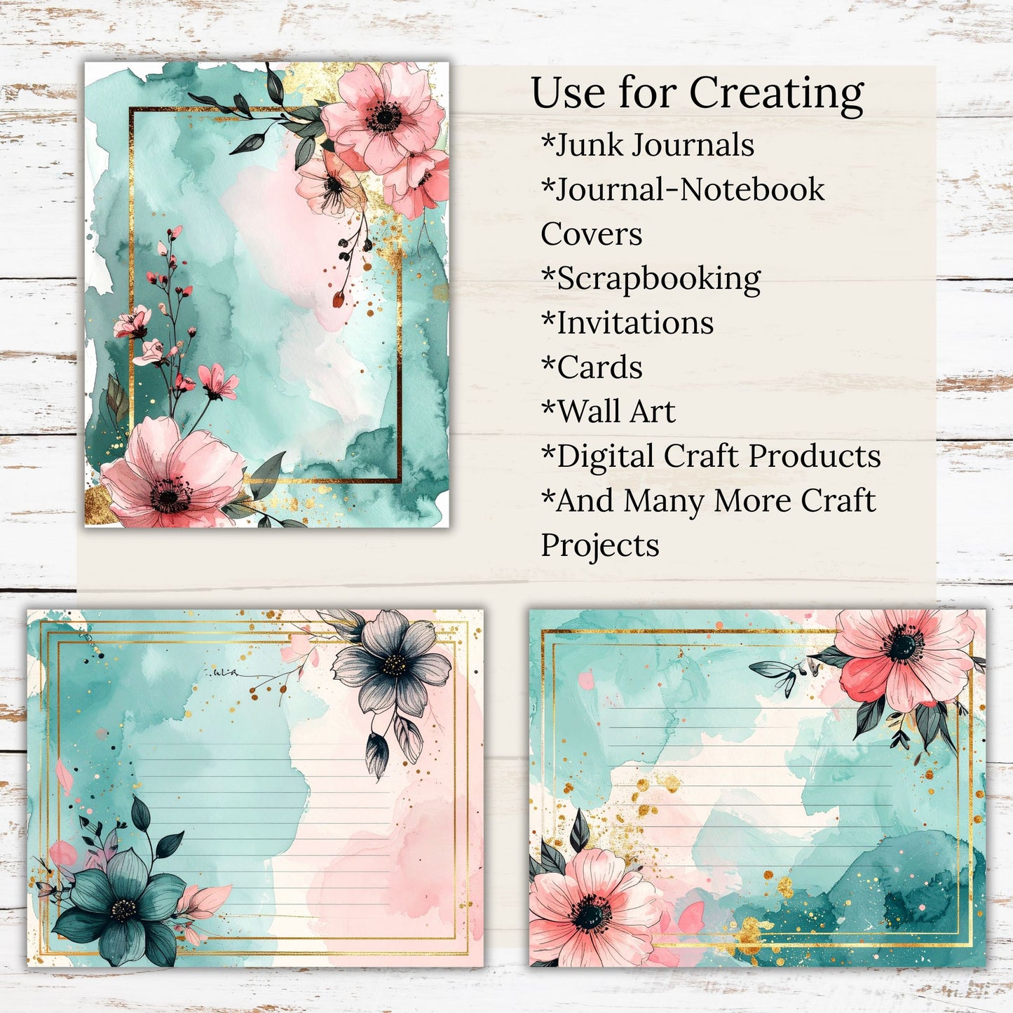 Watercolor Teal Pink Floral Digital Paper Pack Bundle