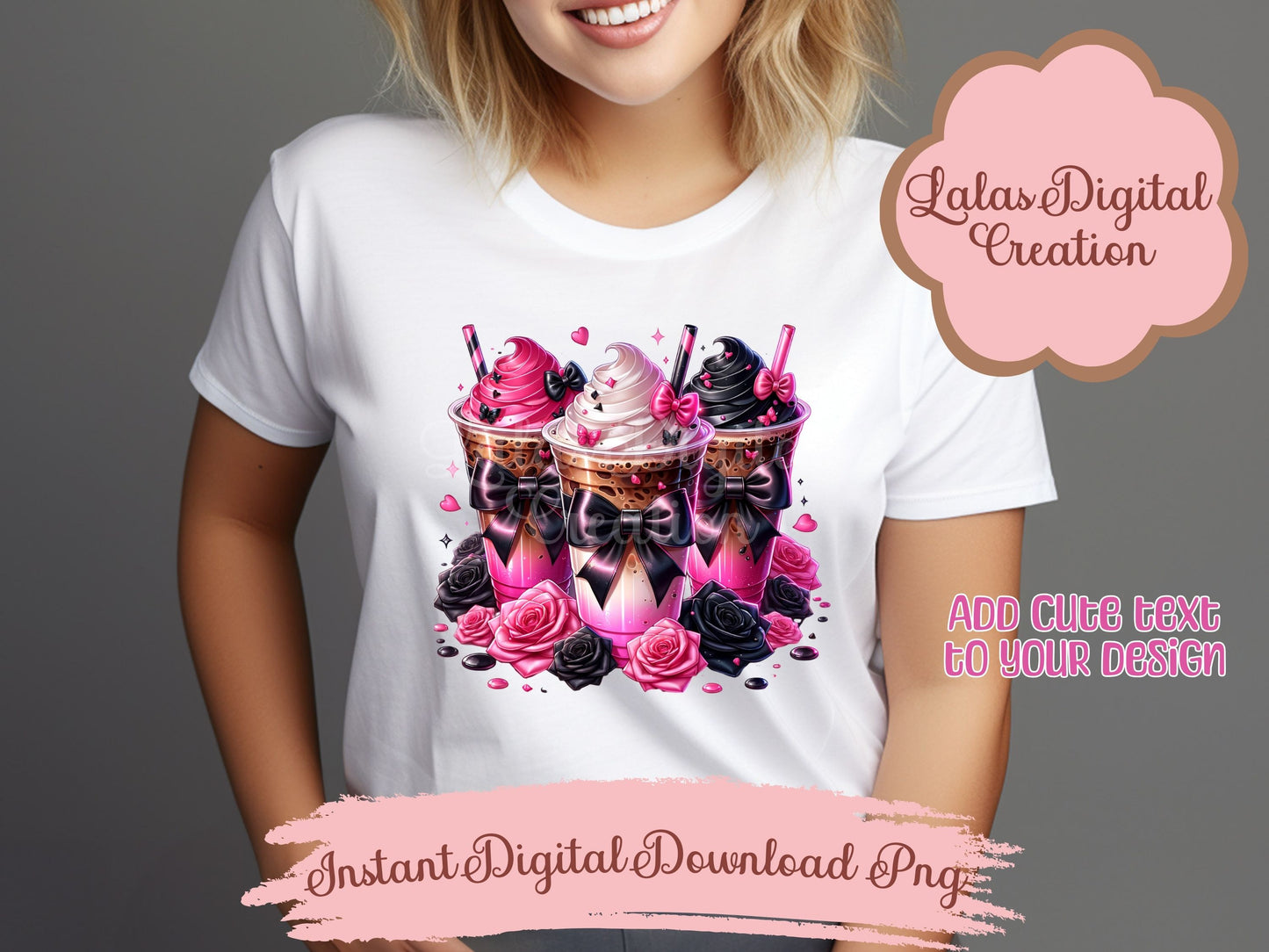 Cute Goth Coquette Bow Coffee Iced Drink Clipart Bundle Instant Digital PNG Download