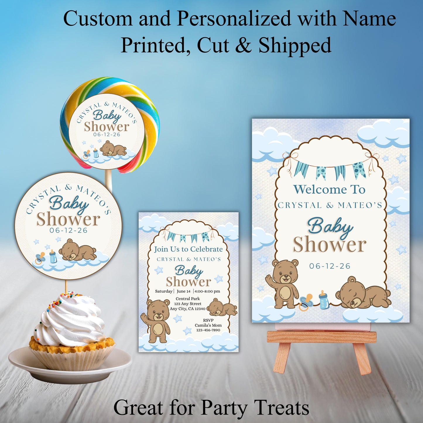 Blue Bear Baby Shower Party Sticker Labels