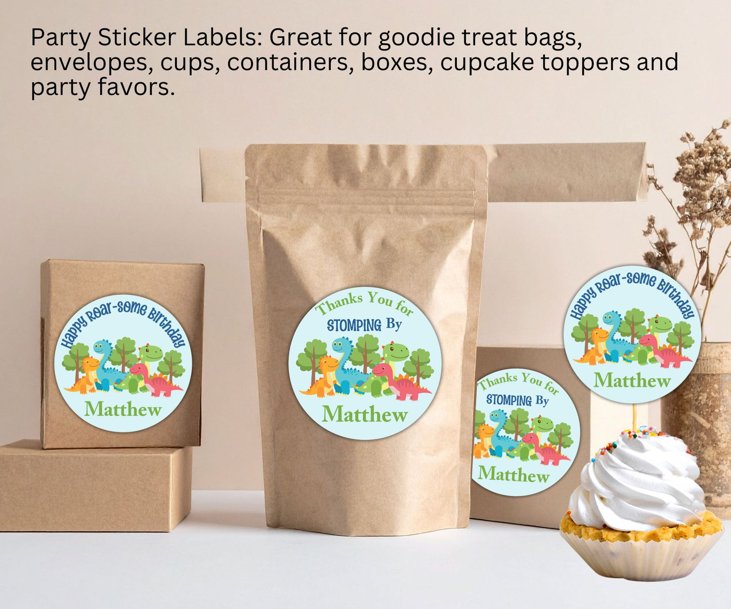 Dinosaur Birthday Party Sticker Labels