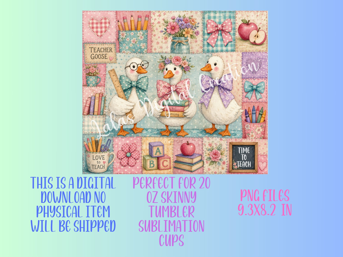 Teacher Geese Patchwork Sublimation 20zo Tumbler Wrap PNG Digital Download