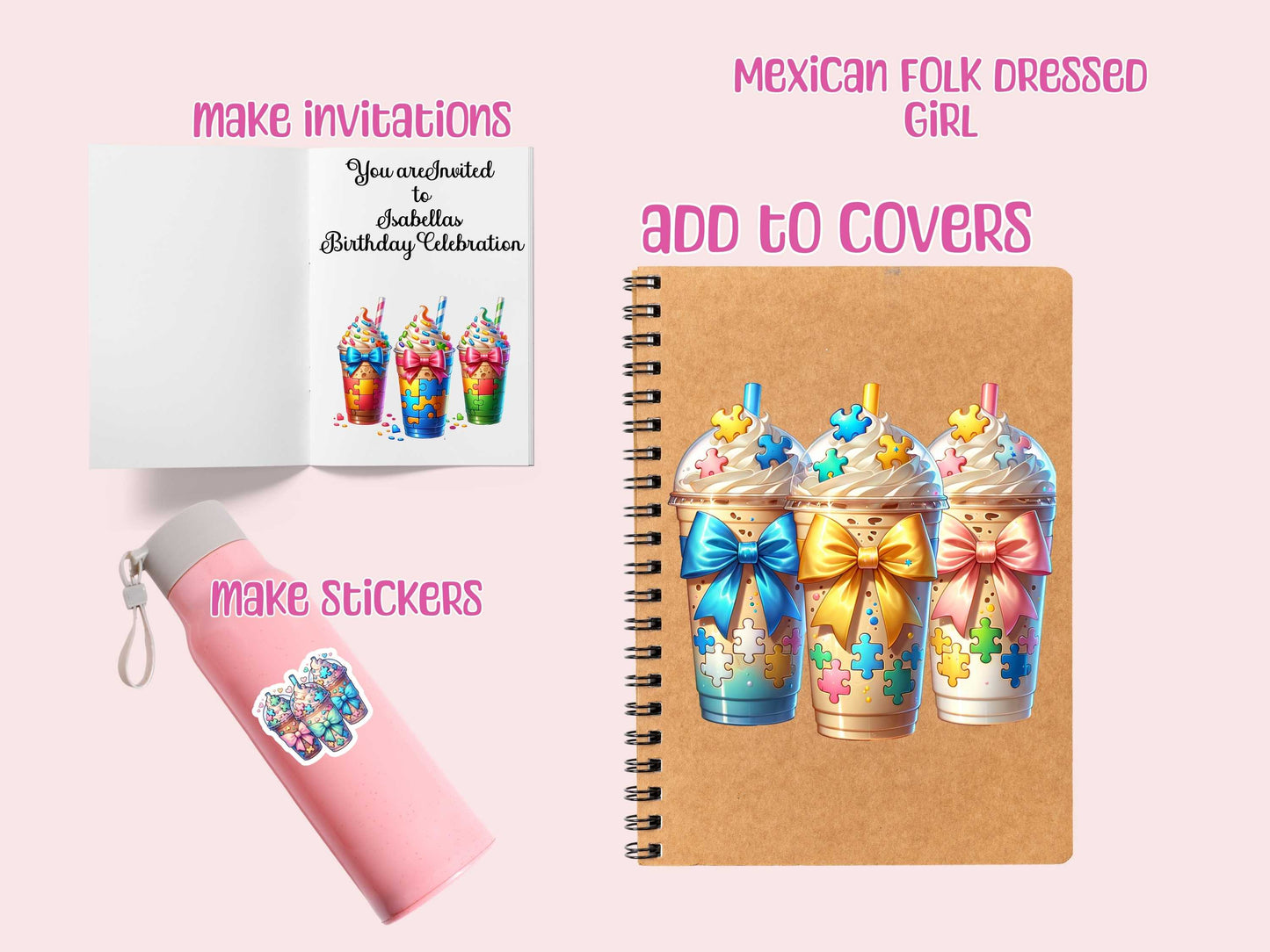 Autism Puzzle Iced Coffee Drink Coquette Bow Bundle Clipart PNG Instant Digital Download