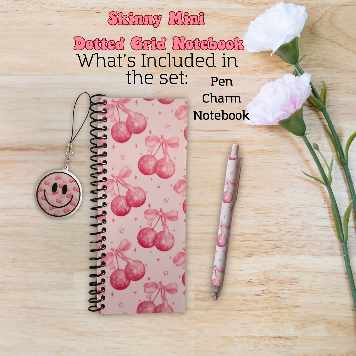 Coquette Cherry Skinny Mini Dot Grid Spiral Notebook Gift Set