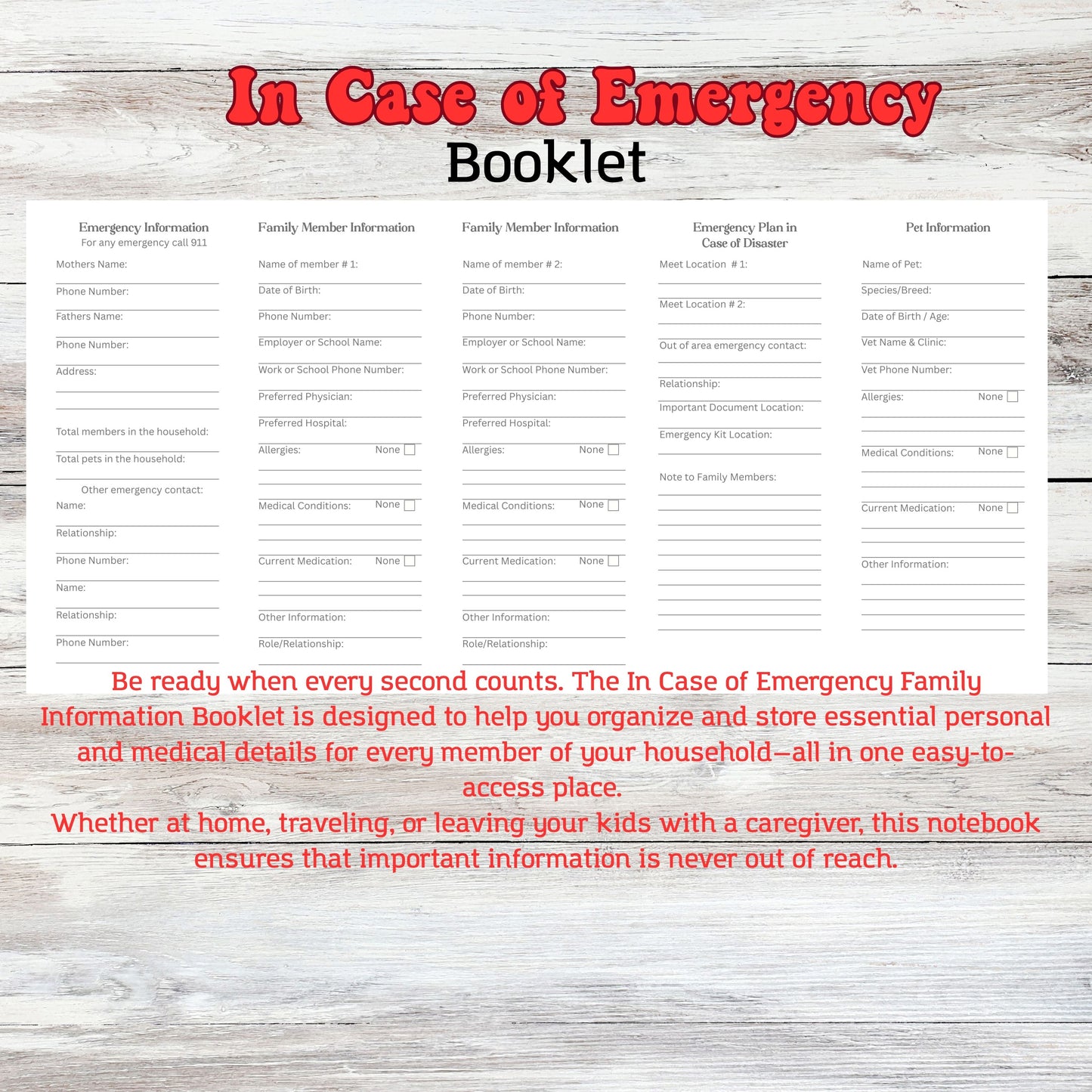 Family In Case of Emergency Booklet Notebook