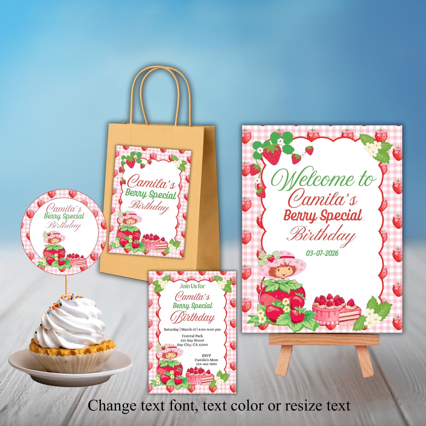 Strawberry Party Favor Bundle Editable Canva Template