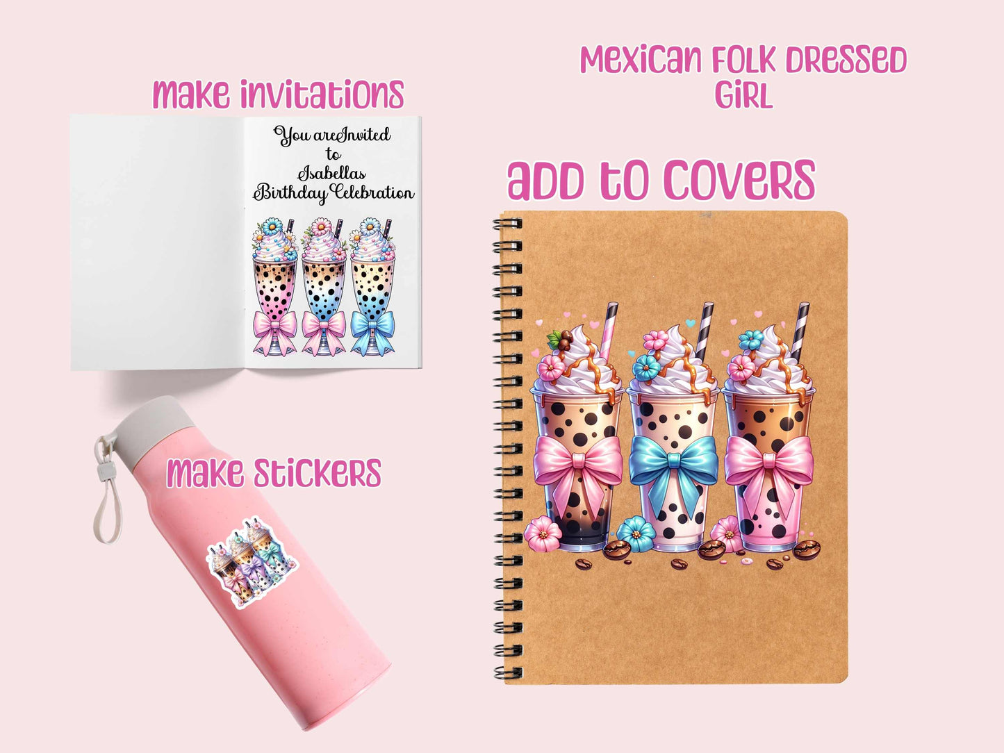 Iced Coffee Drink Coquette Bow Bundle Clipart PNG Instant Digital Download