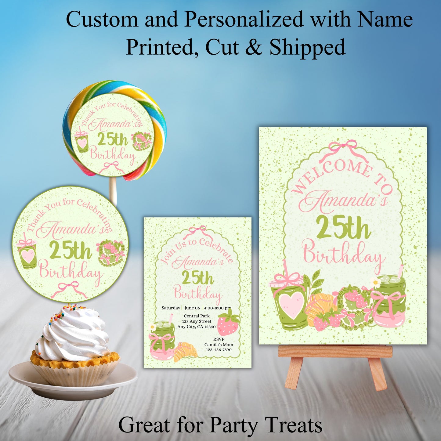 Green Matcha Girls Party Sticker Labels