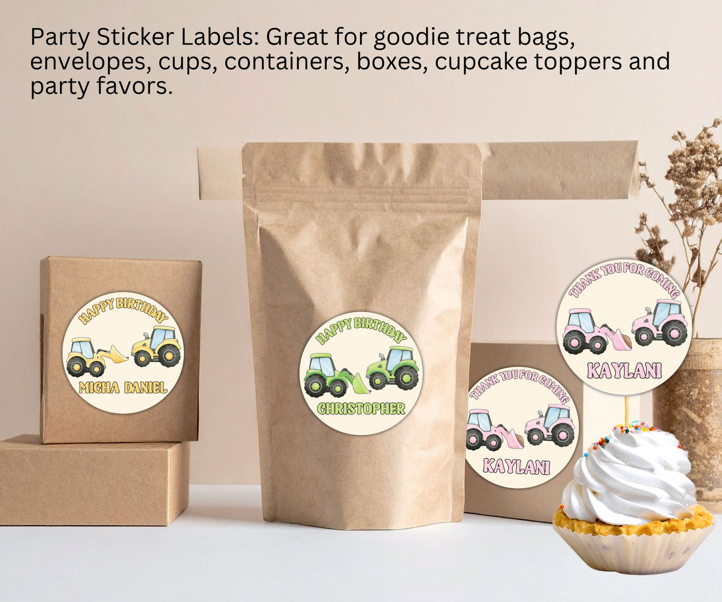 Boys Girls Tractor Party Sticker Labels