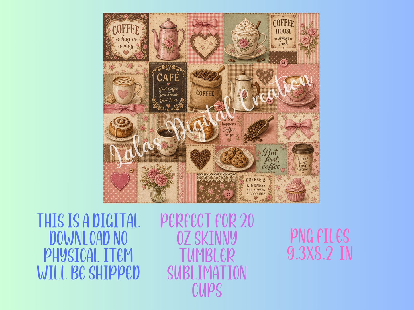 Coffee Patchwork Sublimation 20oz Tumbler Wrap PNG Digital Download