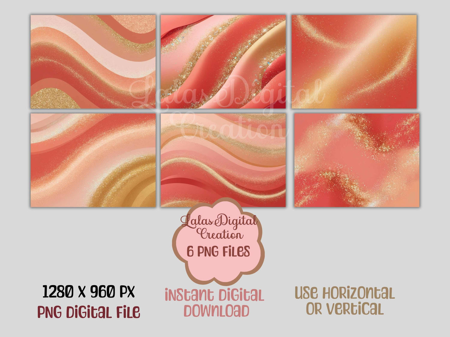 Coral Peach and Gold Sparkle Digital Pattern Paper Bundle
