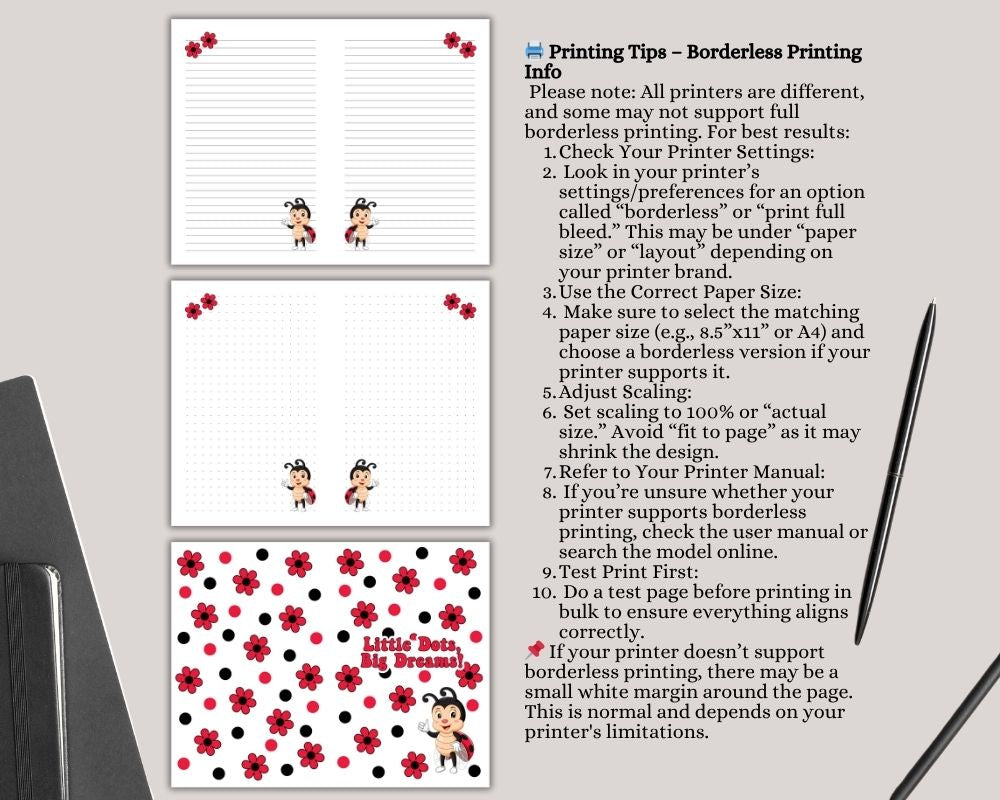 Red Daisy Ladybug Digital Lined & Dotted Grid Notebook PDF
