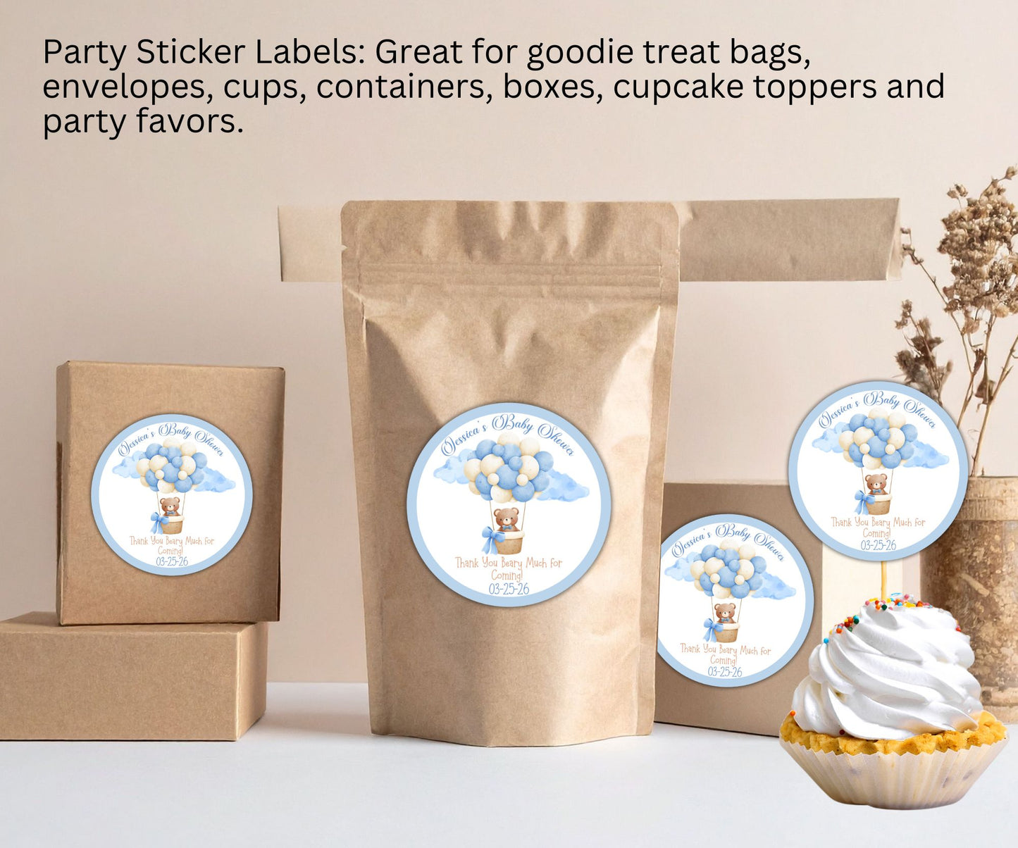 Baby Boy Balloon Bear Baby Shower Party Sticker Labels