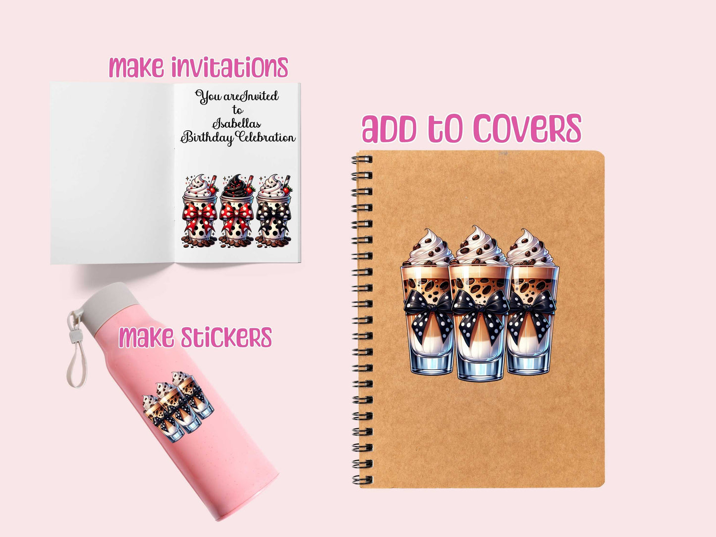 Polka Dot Iced Coffee Drink Coquette Bow Bundle Clipart PNG Instant Digital Download