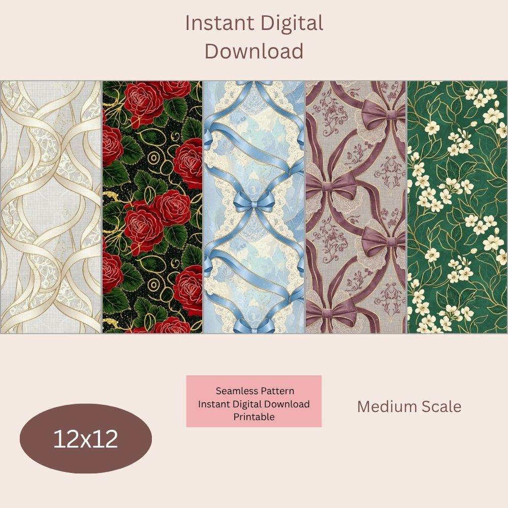 Elegant Bow & Floral Digital Pattern Paper Bundle