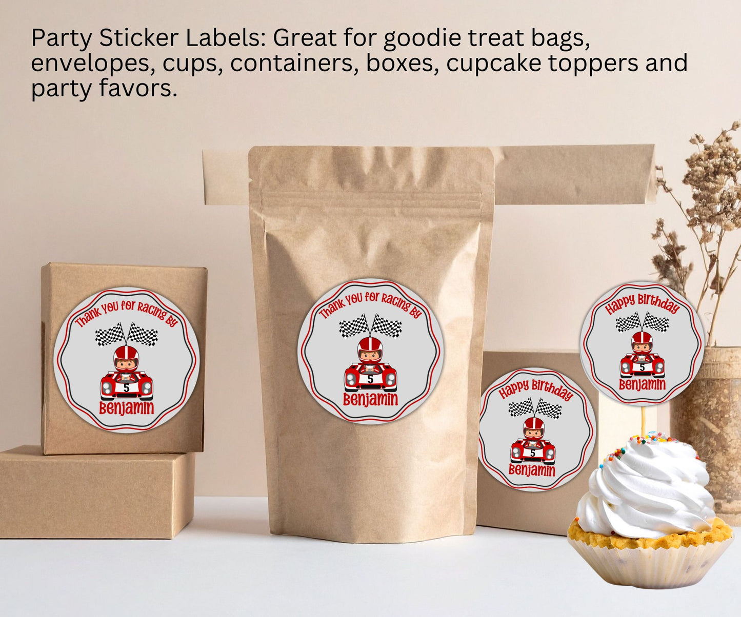 Red Boys Race Car Birthday Party Sticker Labels