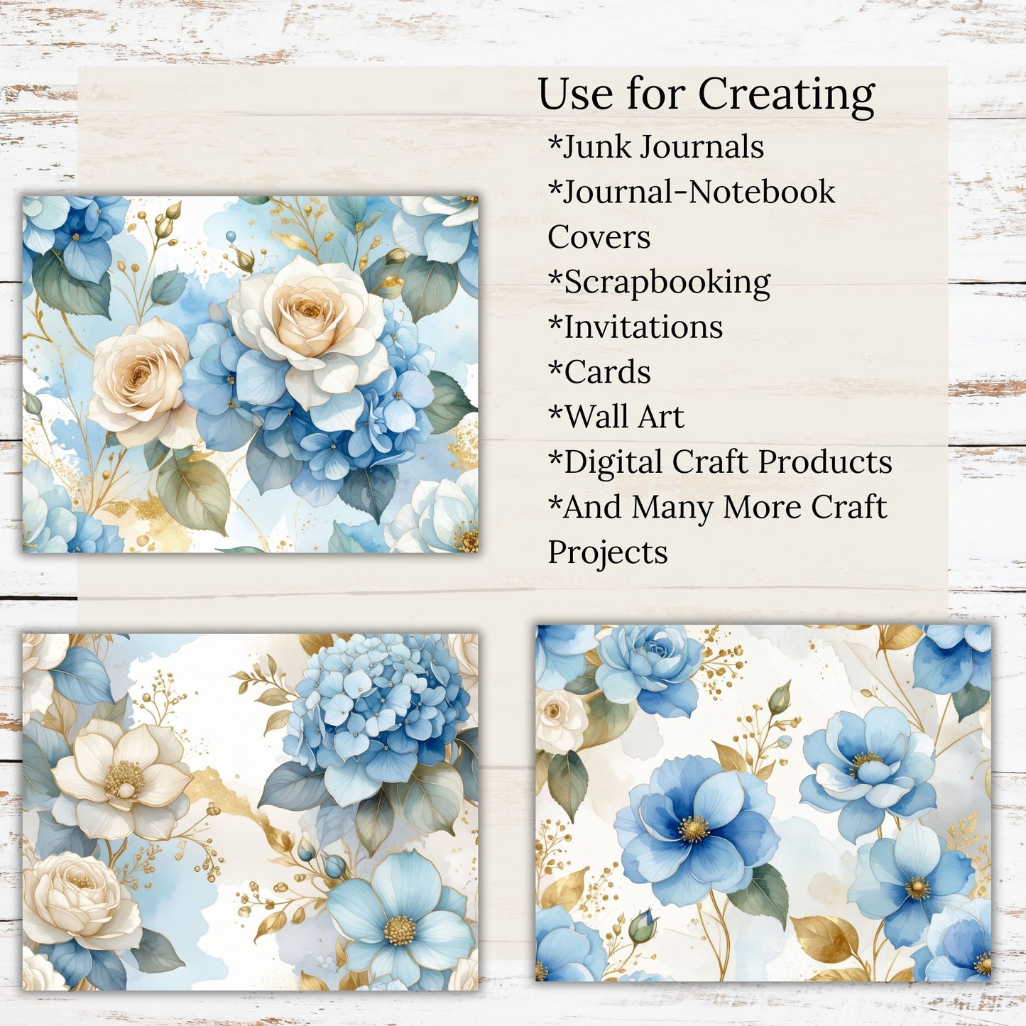 Blue Floral Digital Paper Pack Bundle