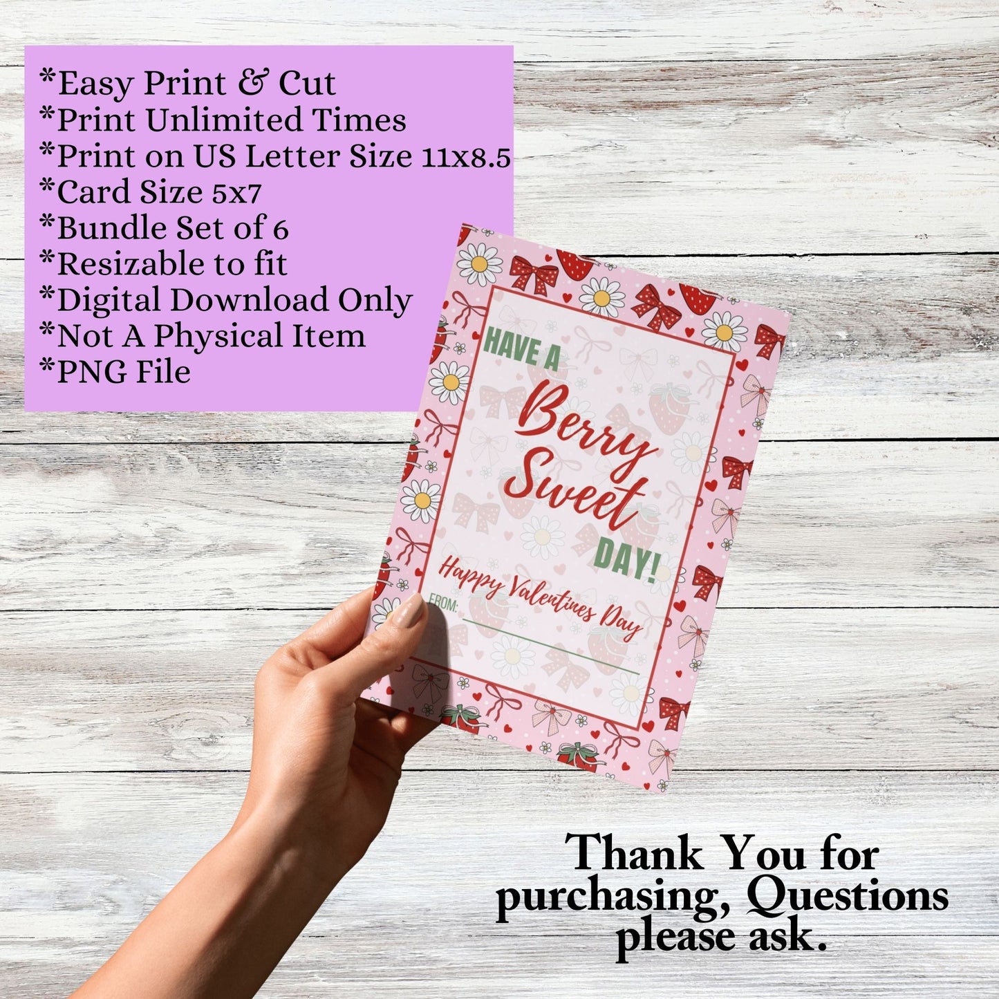 Pink Strawberry Bow Valentines Day Printable Digital Card Bundle