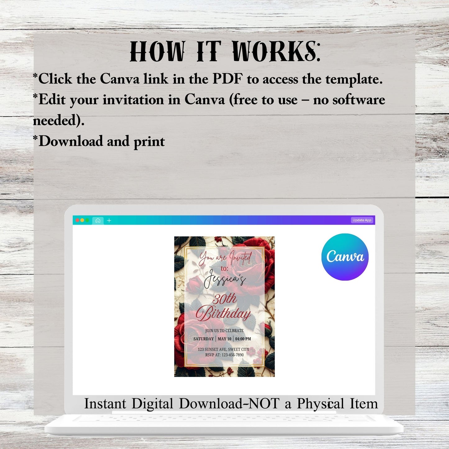 Floral Rose Birthday Invitation Canva Editable Template Instant Digital Download