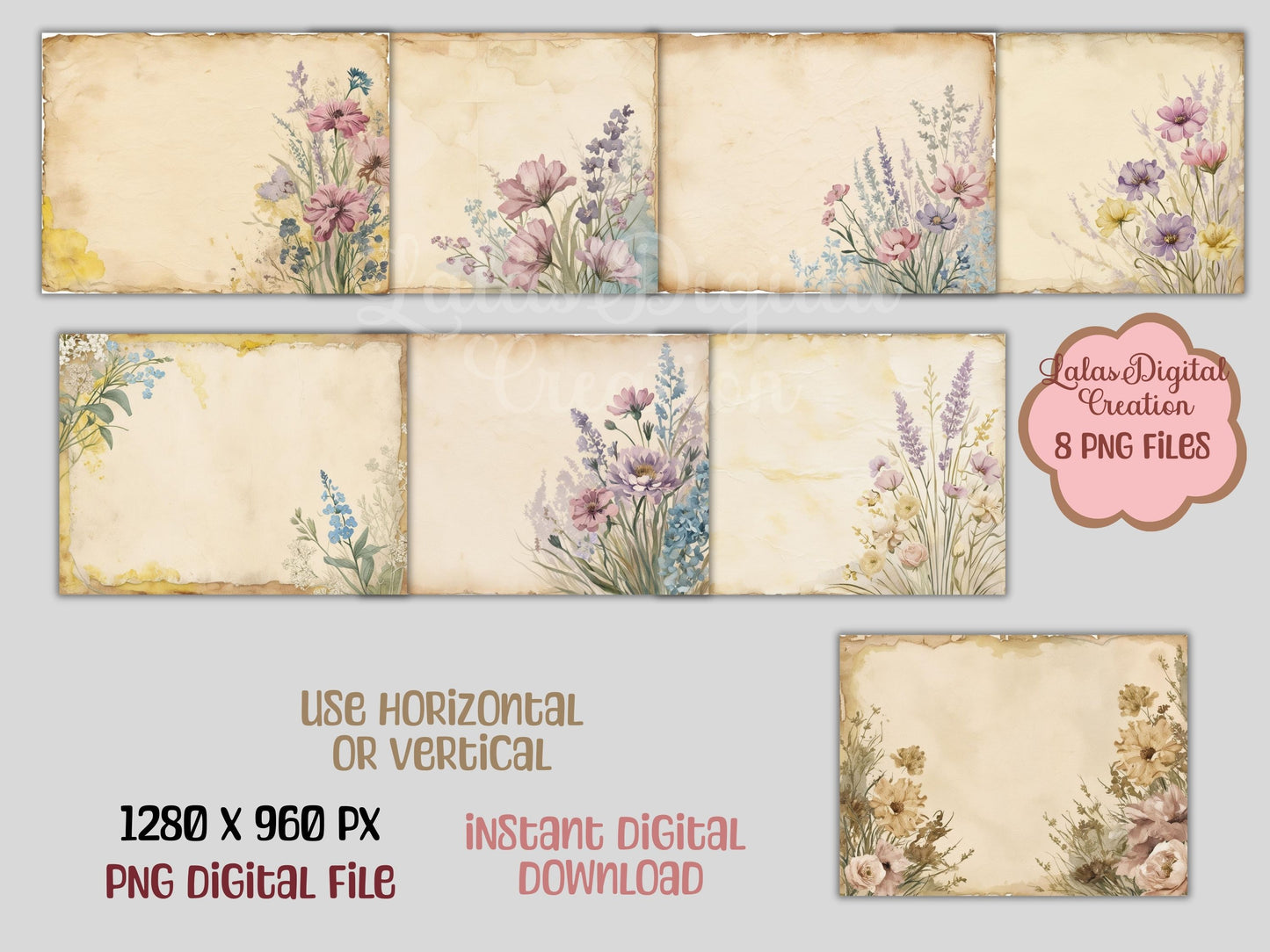 Wildflowers Vintage Floral Digital Pattern Paper Bundle