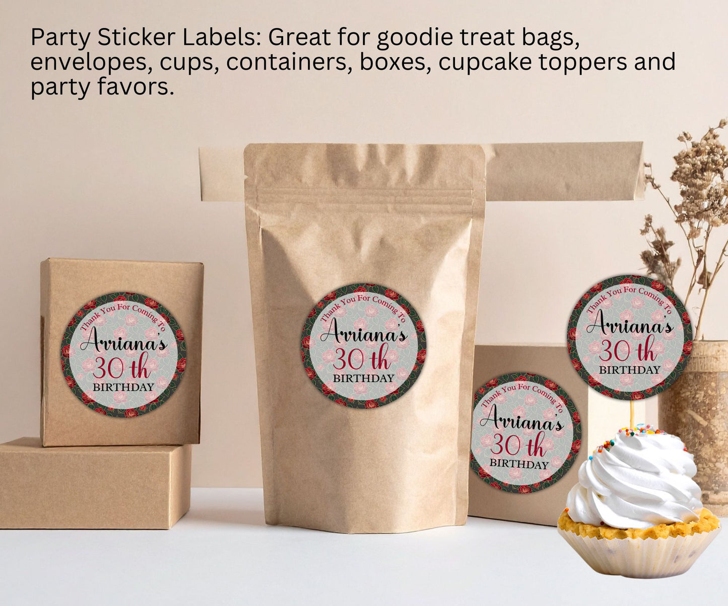 Red Rose Birthday Party Sticker Labels