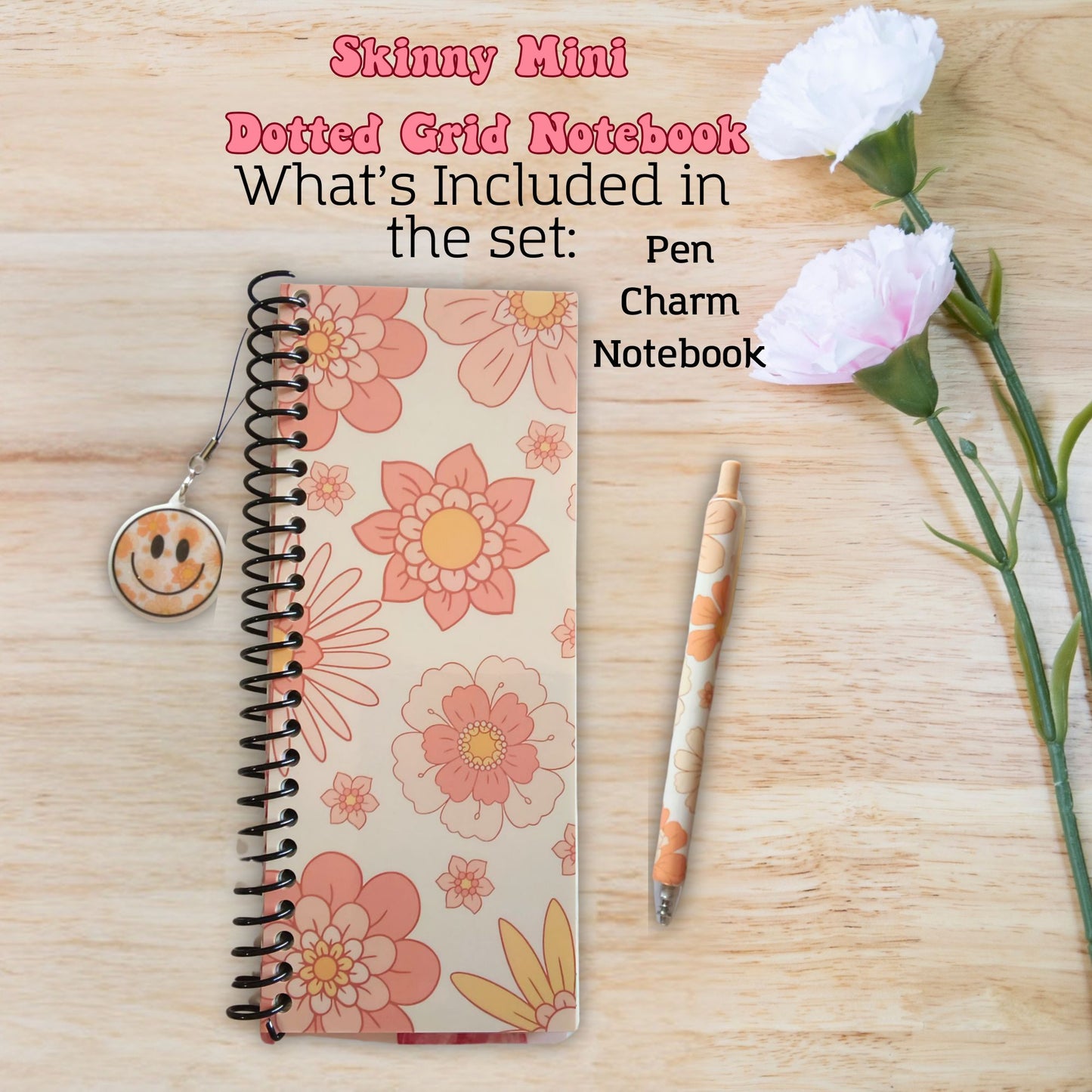 Retro Flowers Skinny Mini Dot Grid Spiral Notebook Gift Set