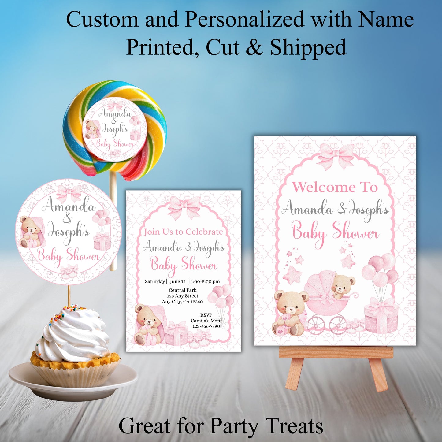 Pink Bear Girls Baby Shower Party Sticker Labels