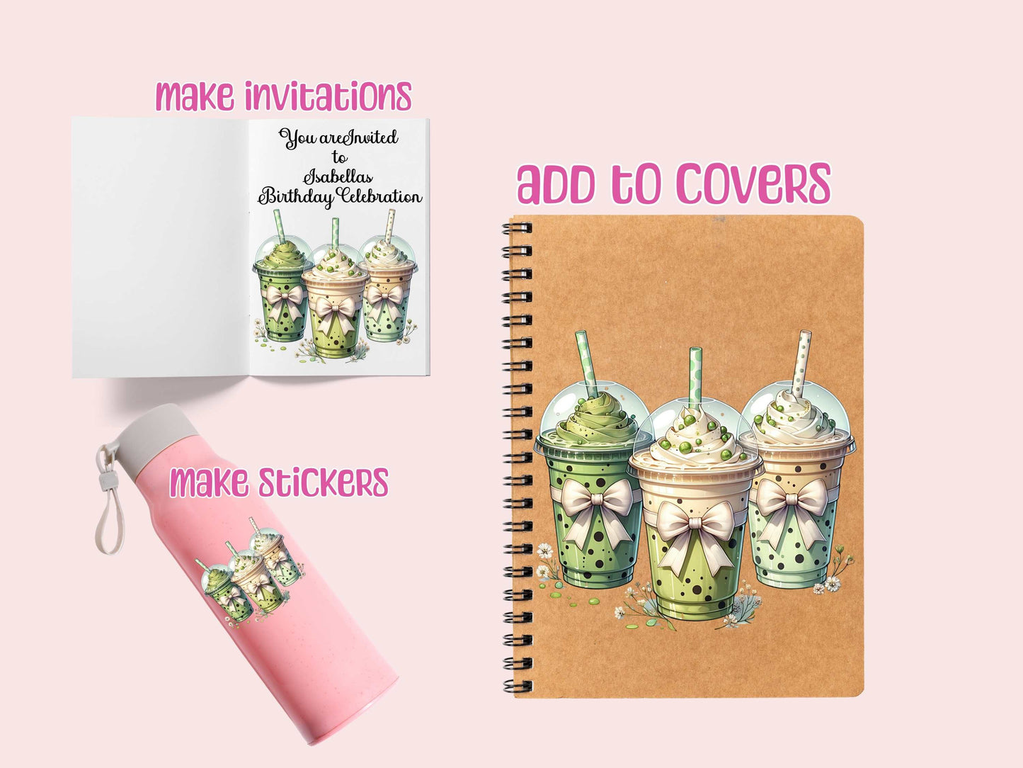 Green Iced Coffee Drink Coquette Bow Clipart PNG Instant Digital Download
