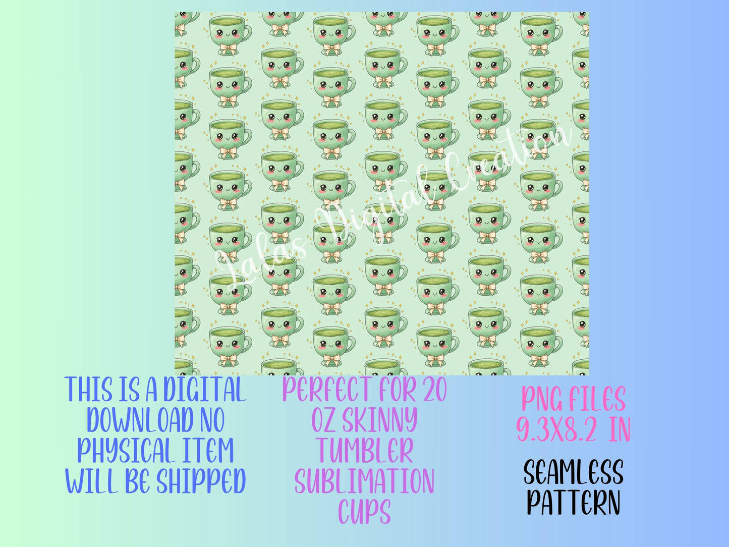 Kawaii Green Matcha Tea 5 Sublimation 20zo Tumbler Wrap PNG Digital Download