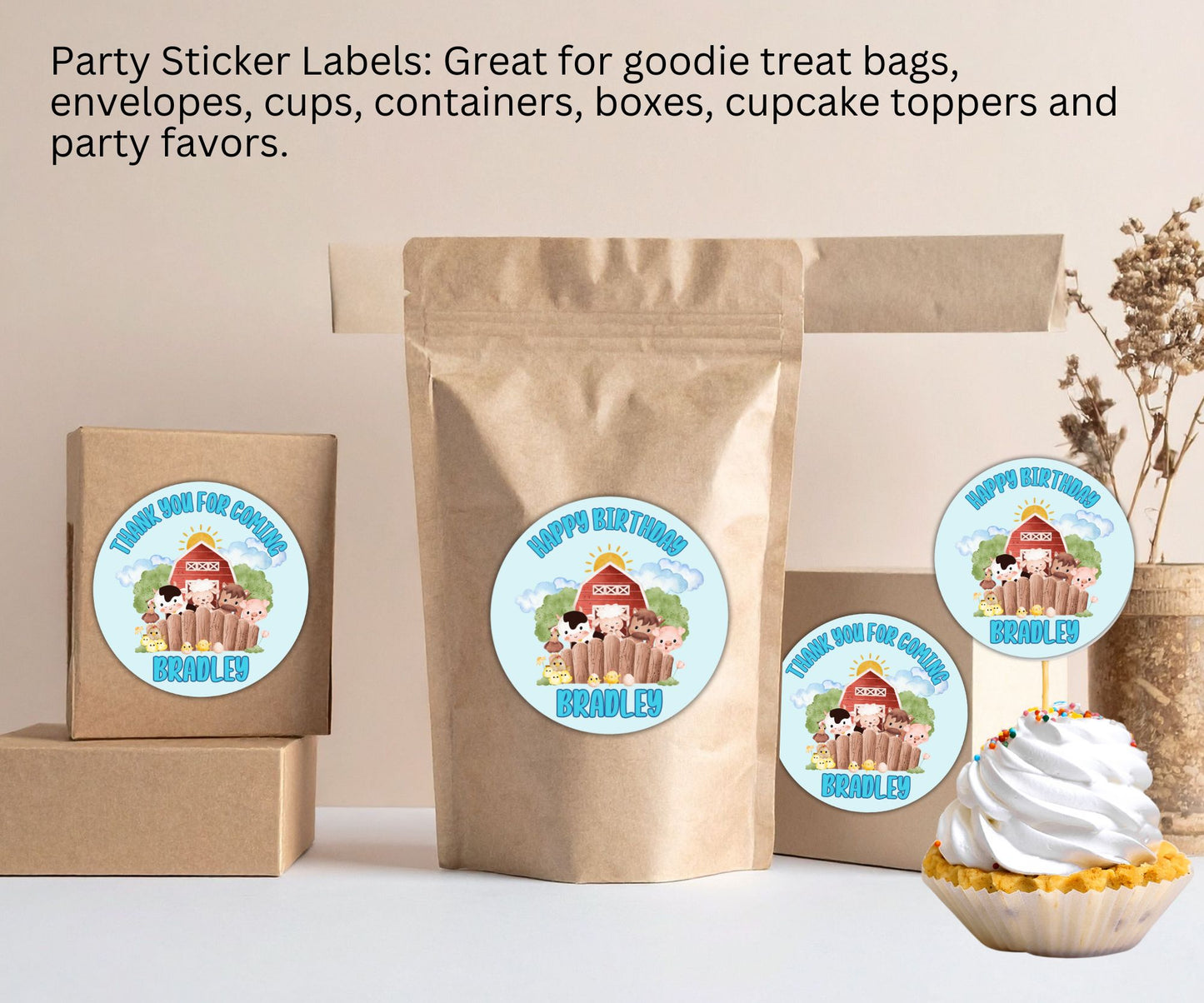 Boys Farm Animals Party Sticker Labels