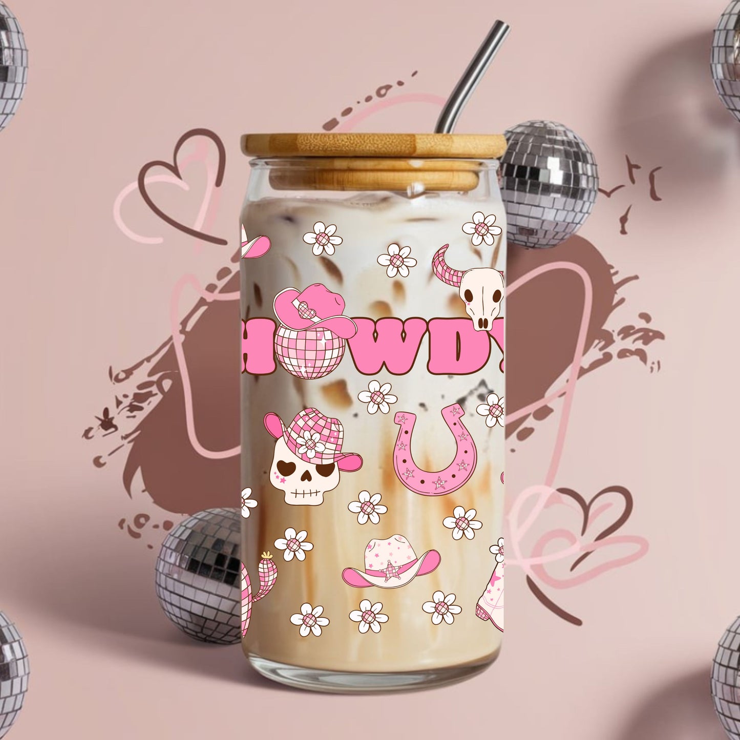 Pink Wester Howdy Libbey Glass Can Cup Wrap
