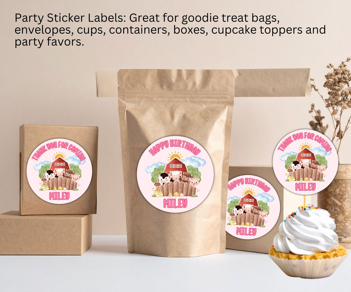 Girls Farm Animal Party Sticker Labels