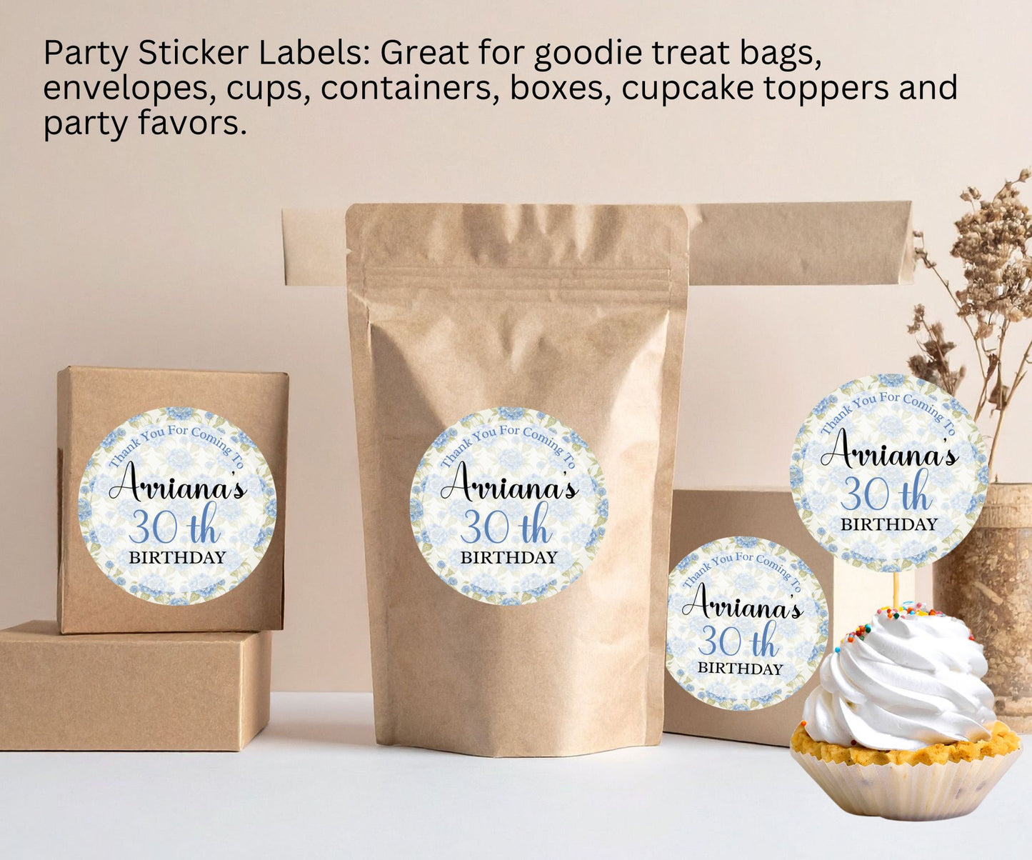 Blue Floral Birthday Party Sticker Labels