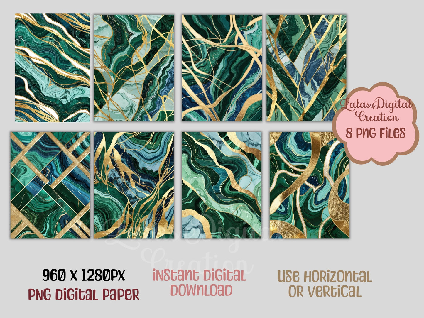 Green and Gold Marble Digital Pattern Paper Bundle