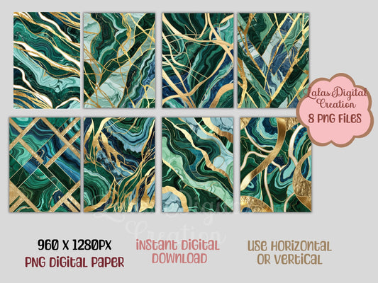 Green and Gold Marble Digital Pattern Paper Bundle