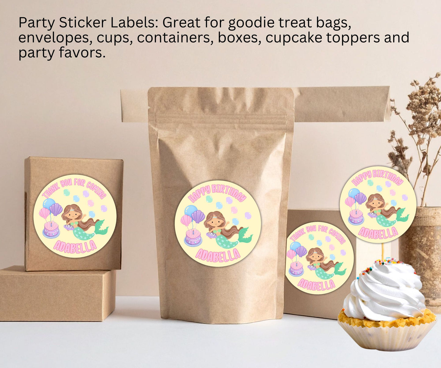 Mermaid Girl Birthday Party Sticker Labels
