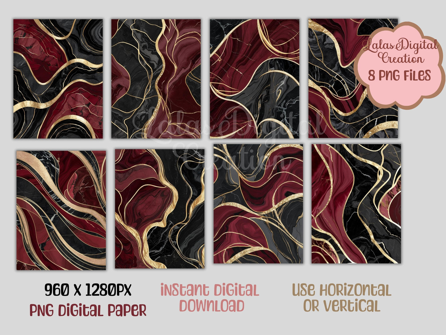 Black and Burgundy Gold Marble Digital Pattern Paper Bundle