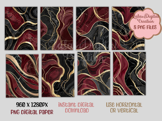 Black and Burgundy Gold Marble Digital Pattern Paper Bundle