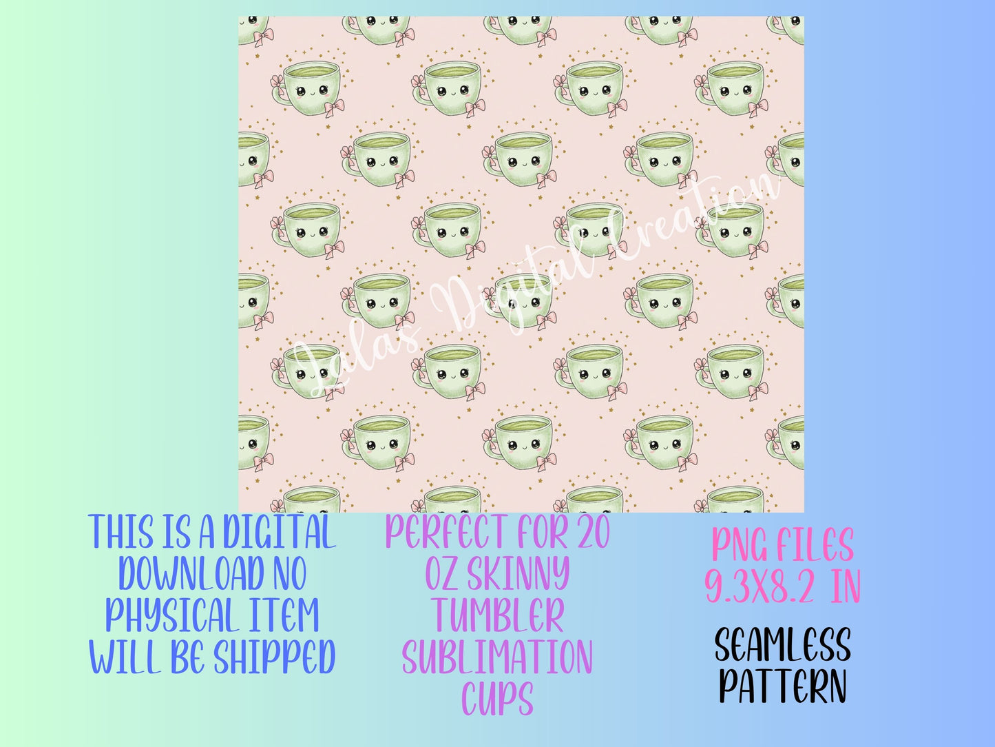 Kawaii Green Matcha Tea 4 Sublimation 20zo Tumbler Wrap PNG Digital Download