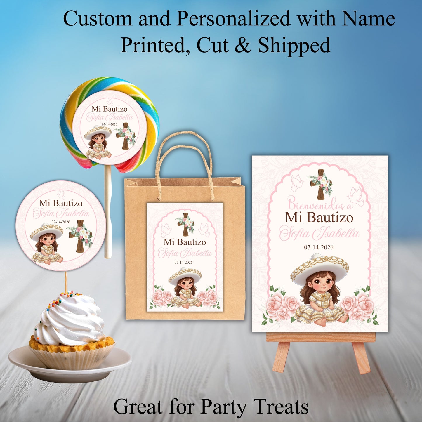 Charro Girl Baptism Party Sticker Labels