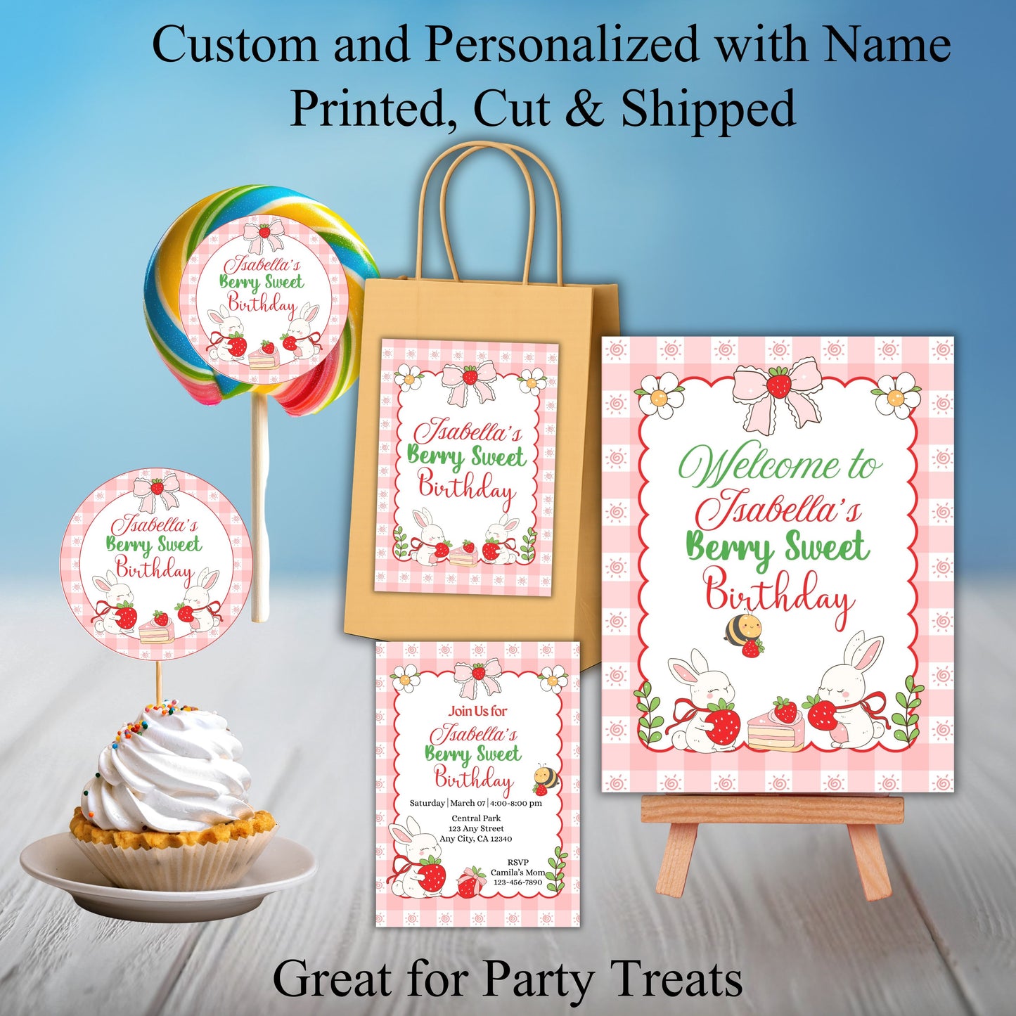 Strawberry Bunny Party sticker Labels