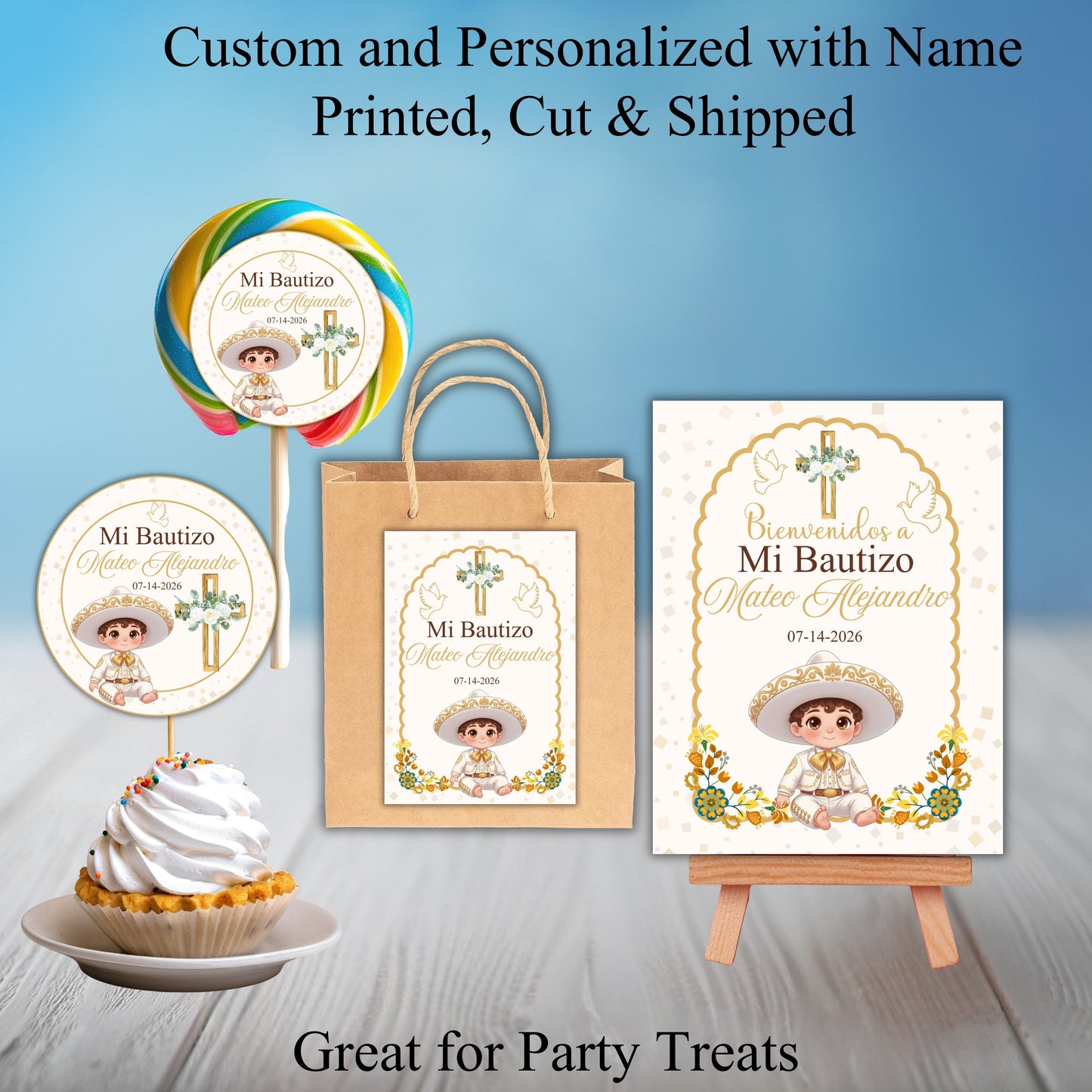 Charro Boy Baby Baptism Party Sticker Labels
