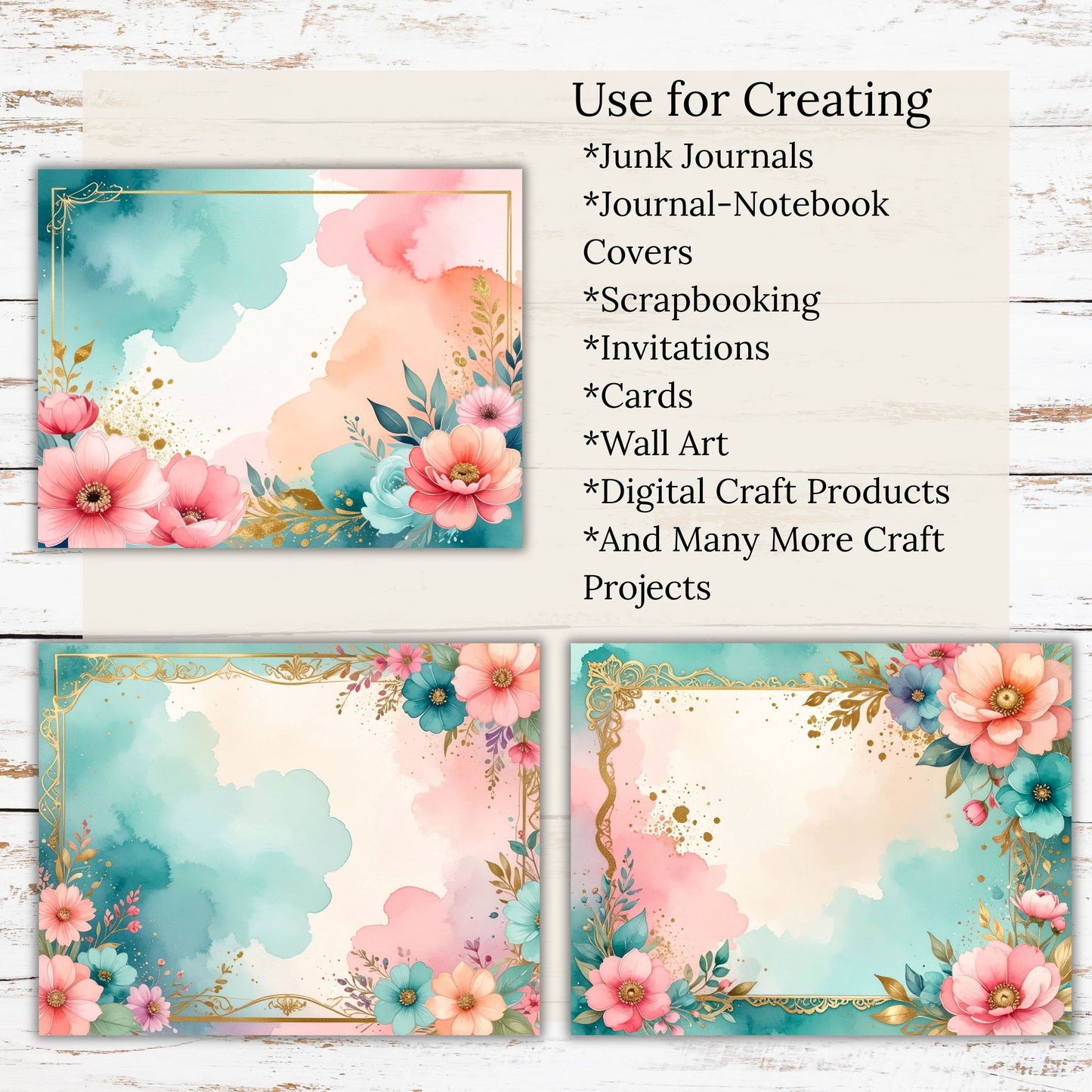 Watercolor Floral Gold Frame Digital Paper Pack Bundle