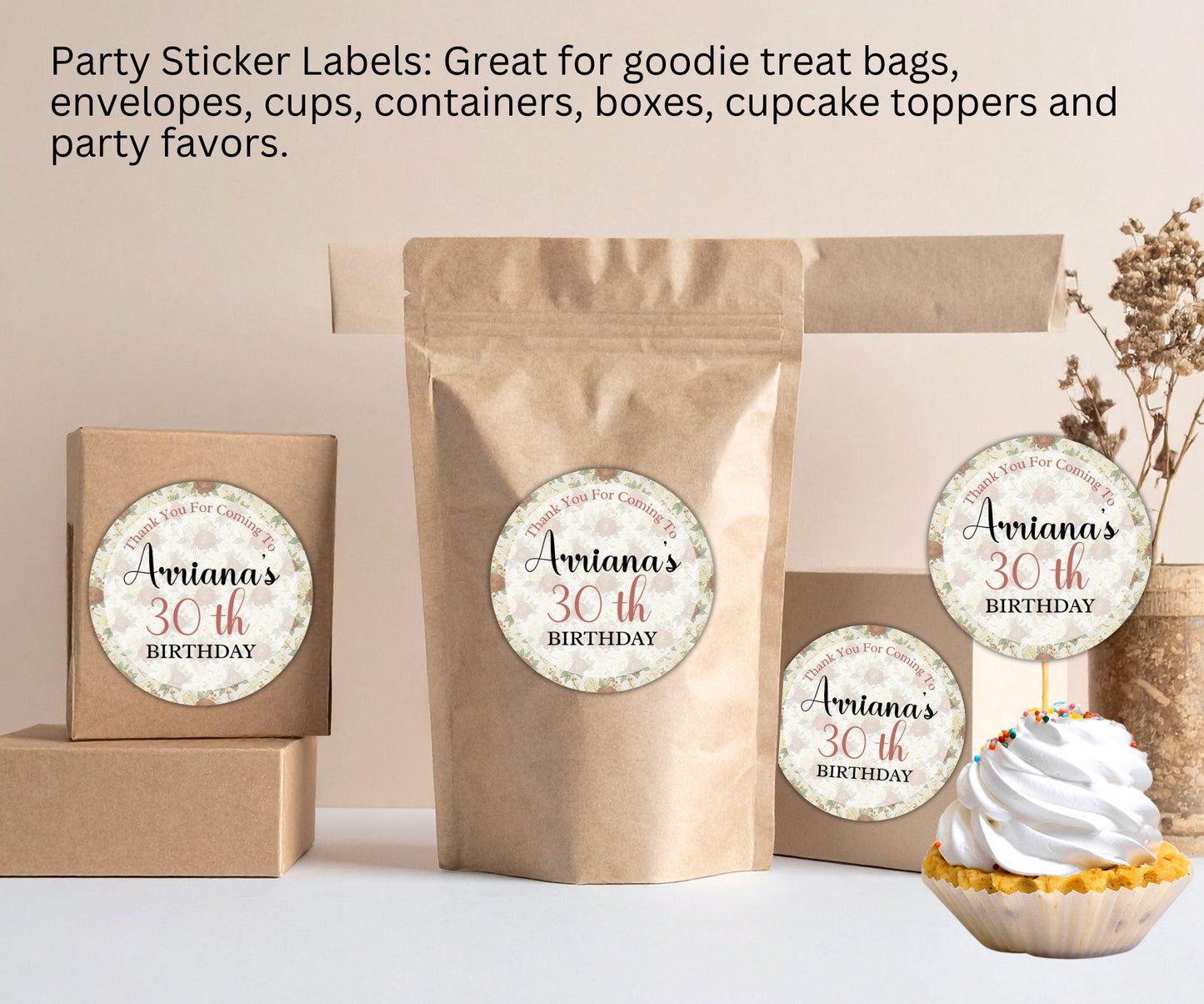 Rose Floral Birthday Party Sticker Labels