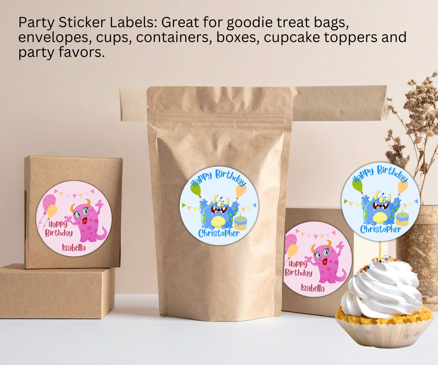 Monsters Boys Girls Birthday Party Sticker Labels