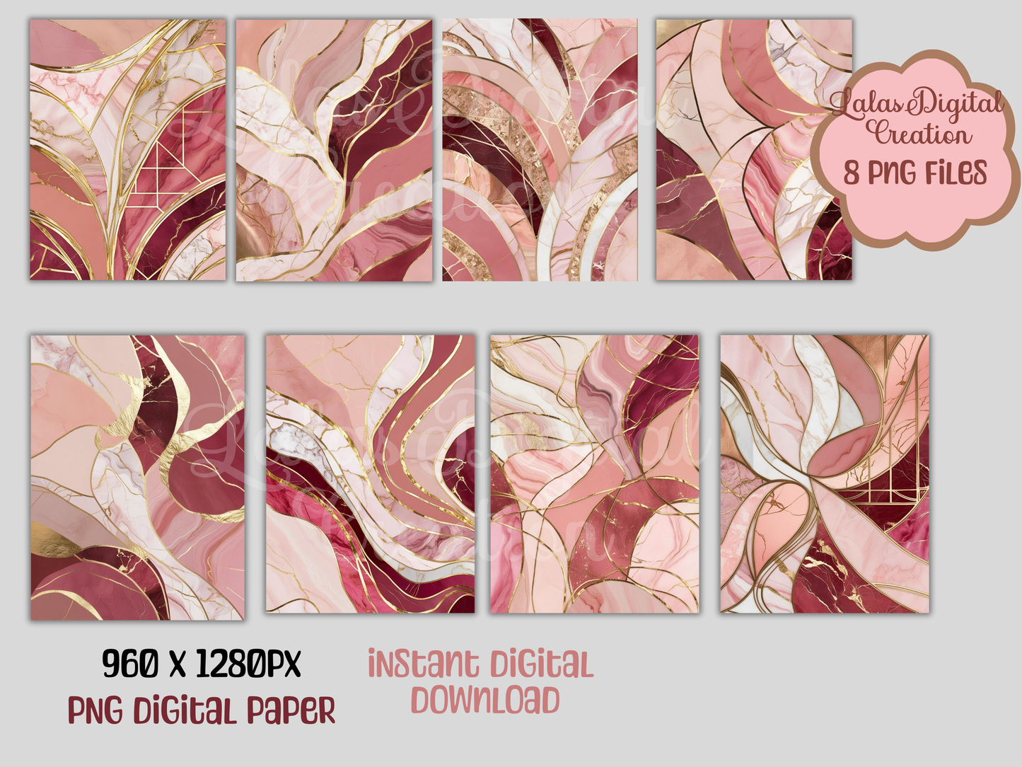 Pink and Gold Marble PNG Digital Pattern Paper Bundle