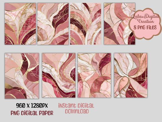 Pink and Gold Marble PNG Digital Pattern Paper Bundle